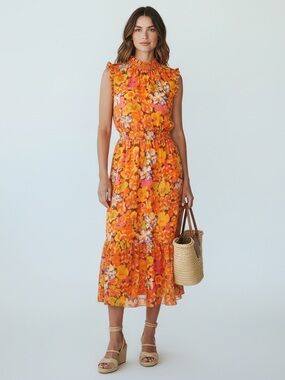 J Crew Smocked Waist Ruffle Sleeveless Maxi Flowy Orange Sunset Floral XXL NWOT